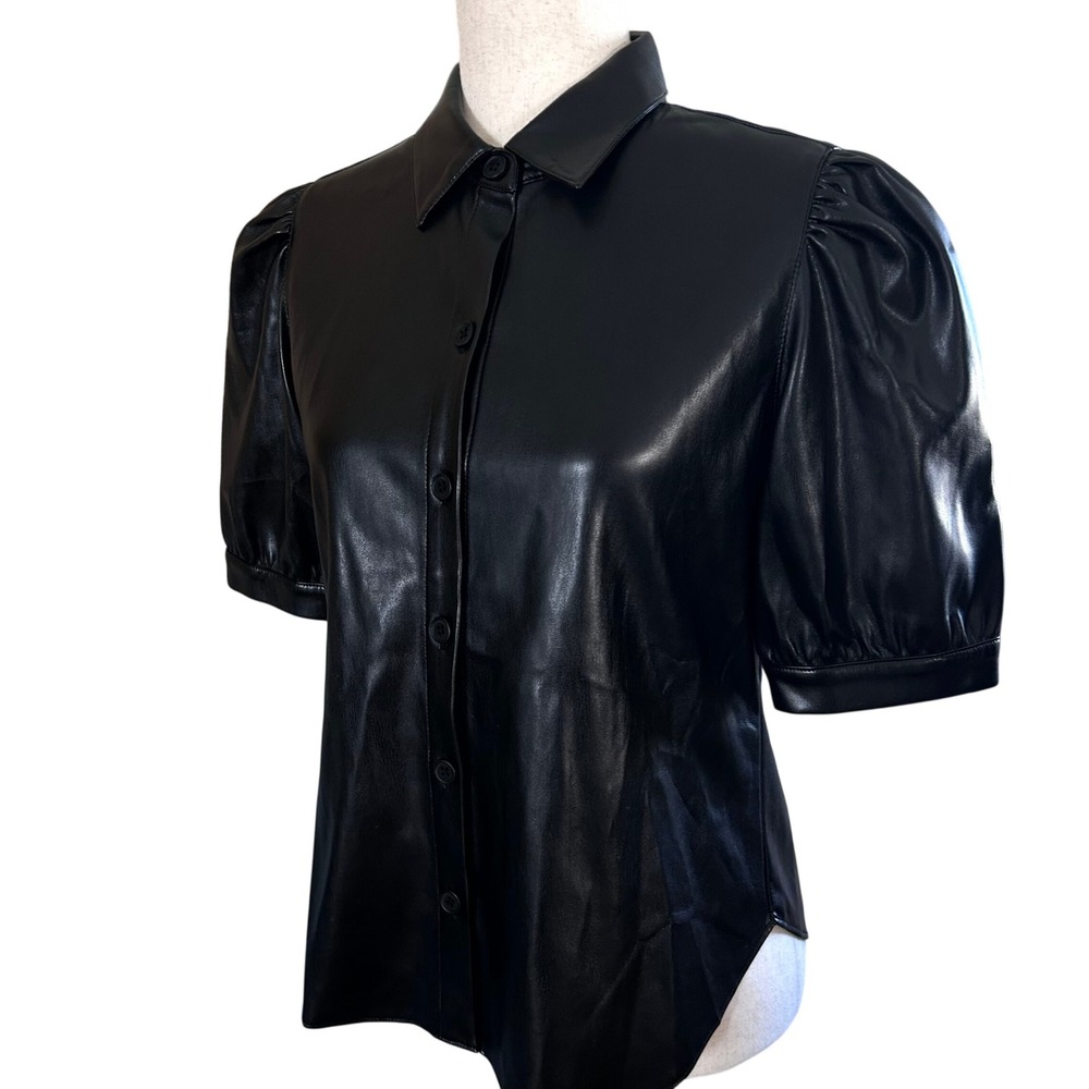 BB Dakota Steve Madden Faux Leather Puff Sleeve Button Down Shirt Black Small